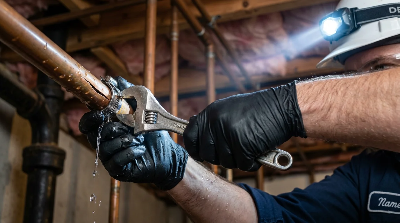 Emergency pipe clamp repair being performed by a Johns Plumbing LLC plumber in Fleming Island