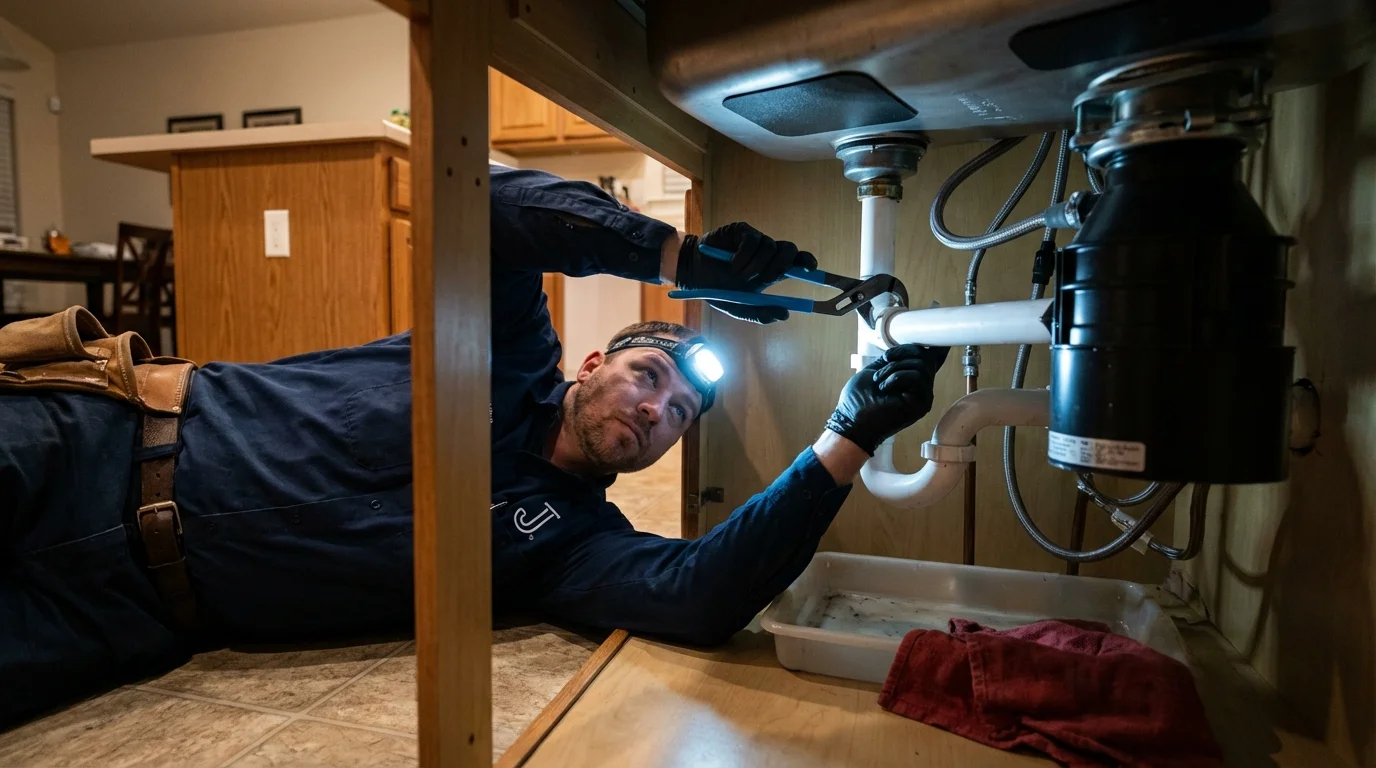 P-trap and supply line connections under a kitchen sink showing a common leak point in Fleming Island, FL